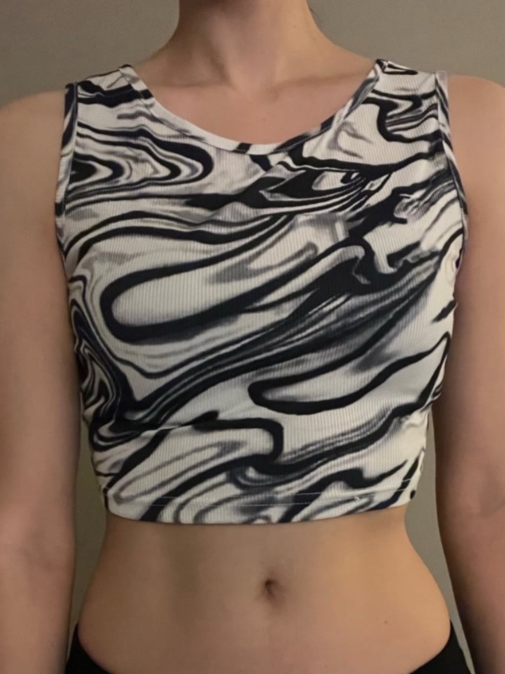 Black, Grey & White Swirl Crop Tank Top, Small